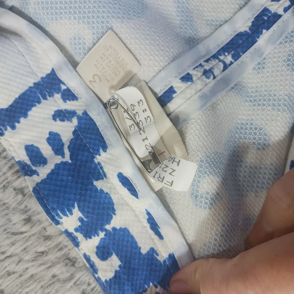 Chico's 3 (US 16) Hook Front‎ Jacket Blue White Damask Pattern READ Damask
